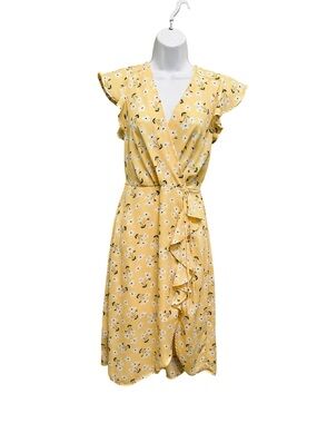 Monteau LA Yellow Floral Faux Wrap Midi Dress Size M